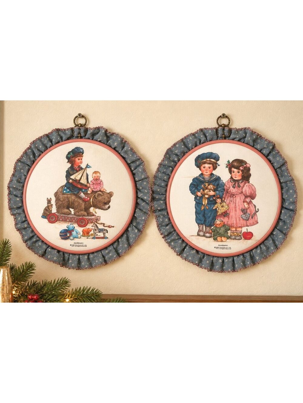 Vintage 1988 Christmas Wall Hangings Set 2 Giordano 14" Fabric Hoop Decor